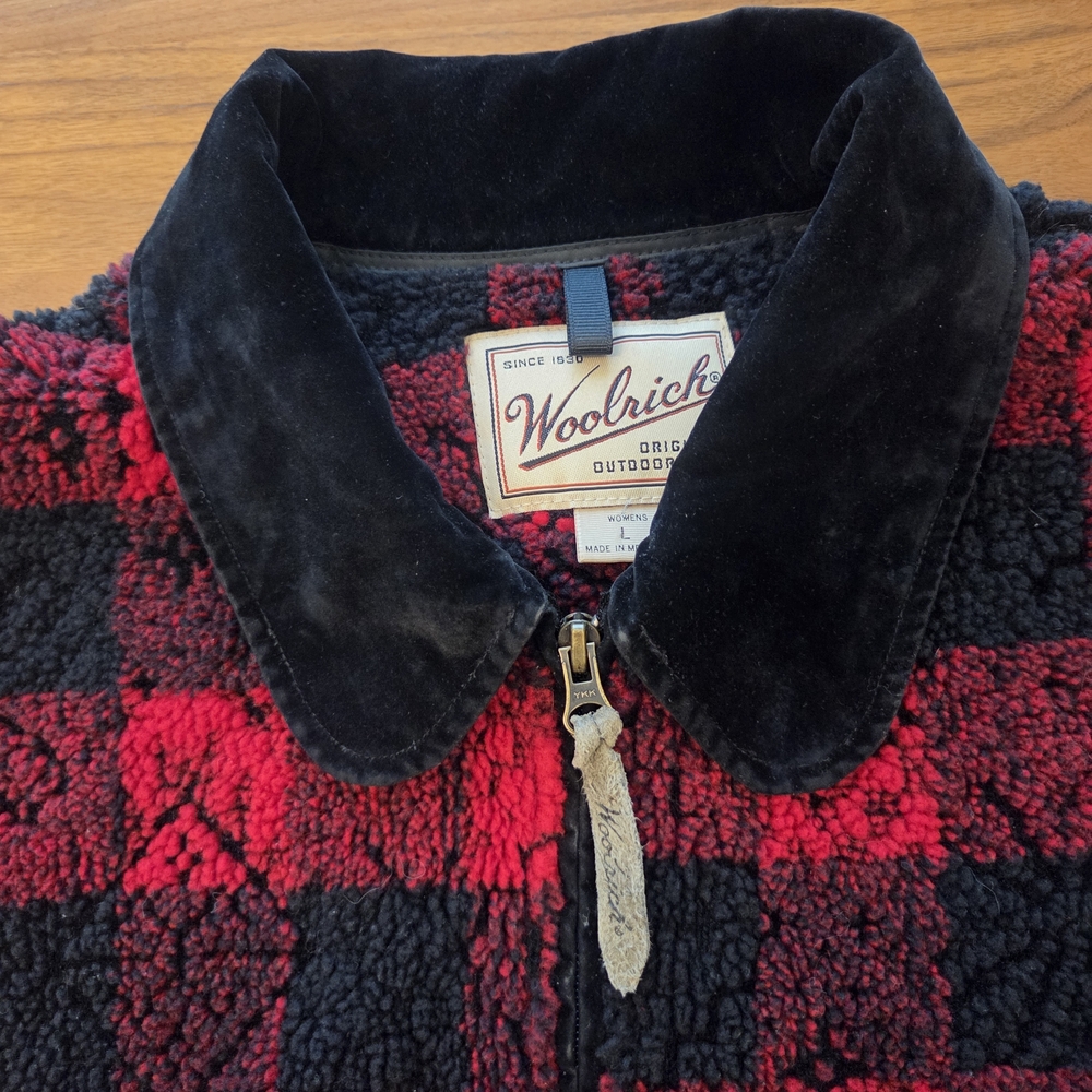 Vintage Woolrich Buffalo Plaid Fleece Vest, Velour Collar 90s Cabincore Large - Picture 2 of 12